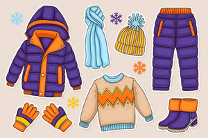 Flat lay of various winter clothing items including sweaters, scarves, hats, gloves, and boots, showcasing essential winter wardrobe pieces for staying warm and stylish.