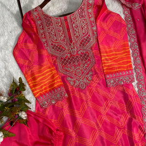 FANCY A-LINE SUIT PURE CHINNON SILK PRINTED AND REAL MIRROR TOP AND PANT WITH DUPATTA